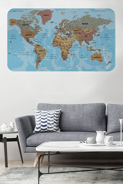 Dropcek eticaret Turkish Educational World Map Atlas - Country and Capital Ocean Detailed, 60X105 cm Wall Sticker -3849