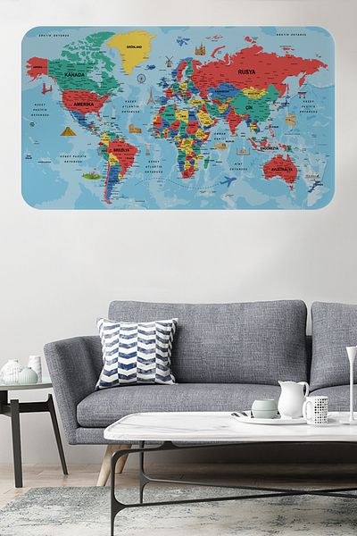 Dropcek eticaret World Map Wall Sticker - Turkish Educational, Country and Capital Ocean Detailed, 85X130-3863