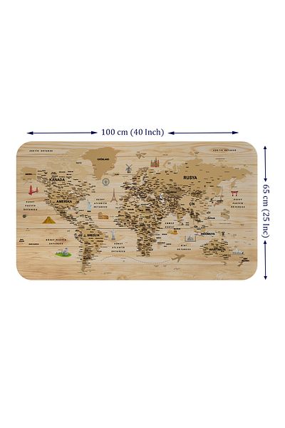 Dropcek eticaret Wooden Look Turkish Educational Detailed Atlas World Map Wall Sticker -60x105-3843