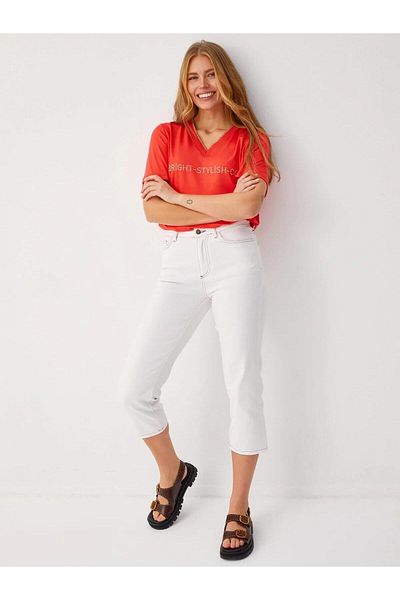Faik Sönmez U68467 - Ecru Straight Fit Jean Capri with Contrast Stitching Detail