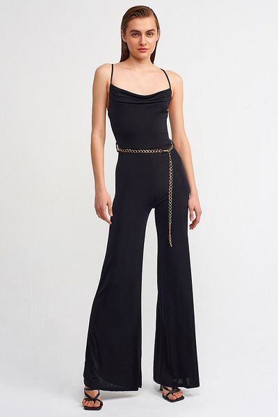 Dilvin 70331 Ruffle Collar Belted Jumpsuit-black