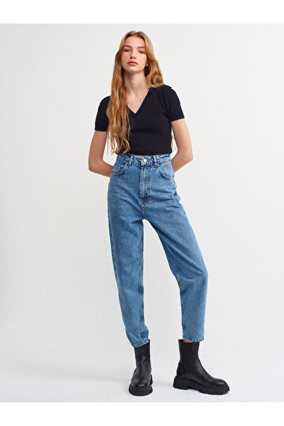 Dilvin 70218 Pantaloni Mom Talie Înaltă Albastru