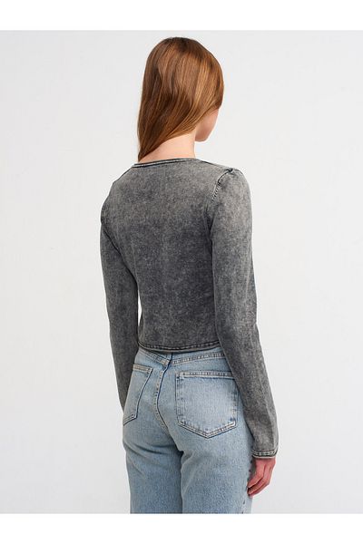 Dilvin 60214 Pale Effect Agraphed Crop Knitwear Cardigan-Anthracite