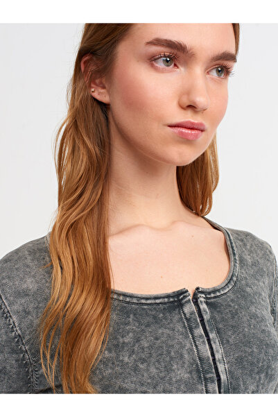 Dilvin 60214 Pale Effect Agraphed Crop Knitwear Cardigan-Anthracite