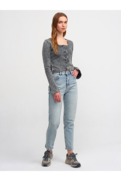 Dilvin 60214 Pale Effect Agraphed Crop Knitwear Cardigan-Anthracite