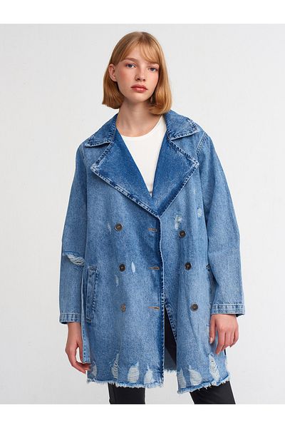 Dilvin 65336 Denim-Trenchcoat mit Metallknöpfen – Blau