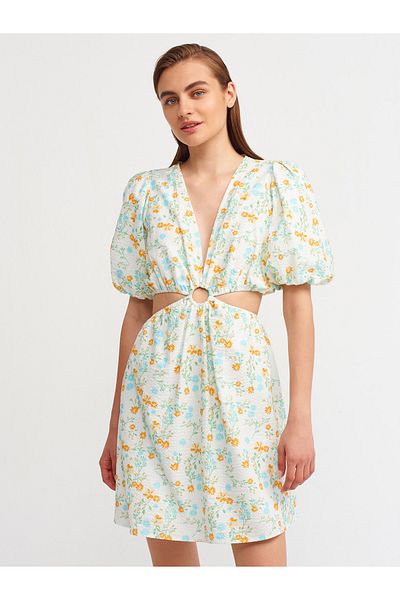 Dilvin 90334 Rochie cu mânecă cu balon cu fereastră-ecru