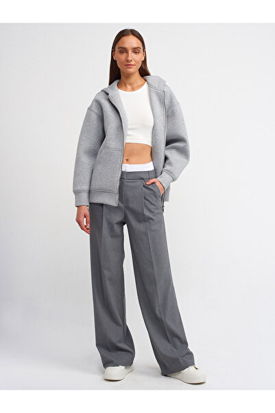 Dilvin 40164 Zipper Detailed Oversize Cardigan-grey Melange