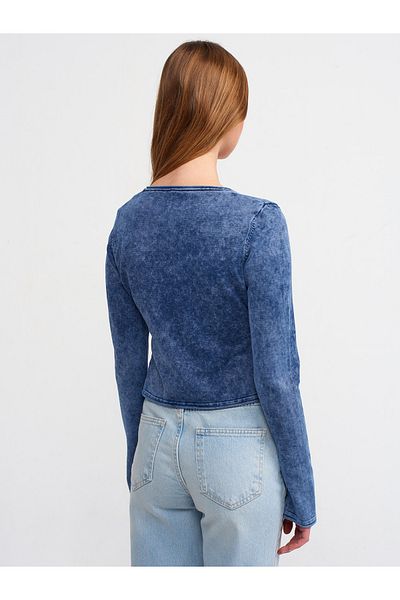 Dilvin 60214 Pale Effect Agraphed Crop Knitwear Cardigan-Indigo