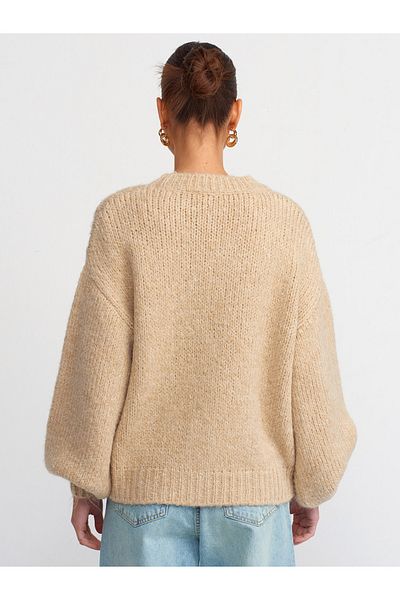 Dilvin 60215 Cardigan cu mâneci cu balon brodat trandafir-bej închis