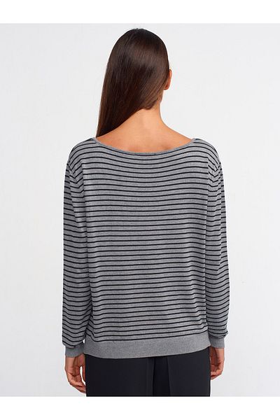Dilvin 10356 Model Smoke-Black Striped Boat Neck Slit Sweater