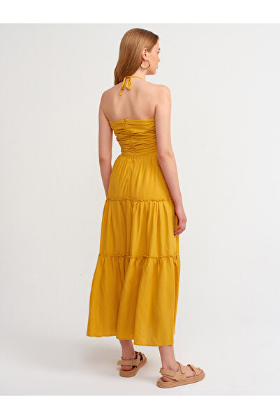 Dilvin 90359 Boyundan Bağlamalı Uzun Elbise-hardal