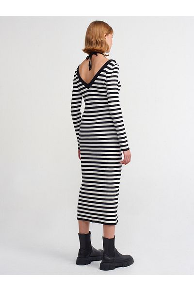 Dilvin 90137 Rochie din tricotaj cardigan cu dungi căptușite-negru-ecru
