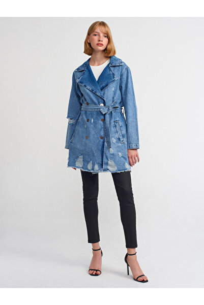 Dilvin 65336 Metal Düğmeli Denim Trençkot-Mavi