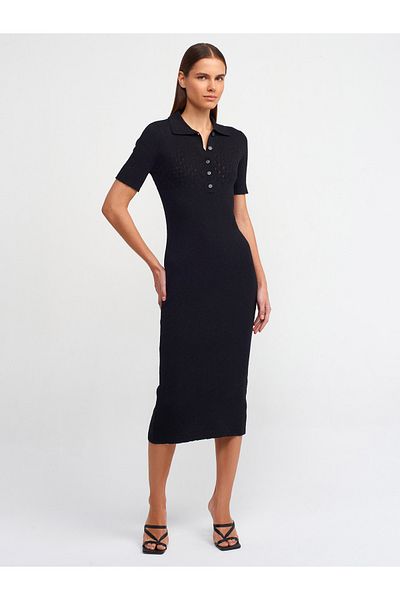 Dilvin 90188 Rochie de tricotaj cu nasturi cu guler polo-negru