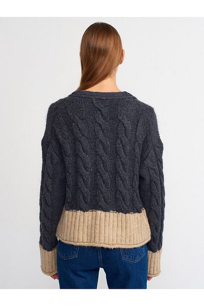 Dilvin 60201 V-Neck Braided Buttoned Knitwear Cardigan-Smoke-Red Beige