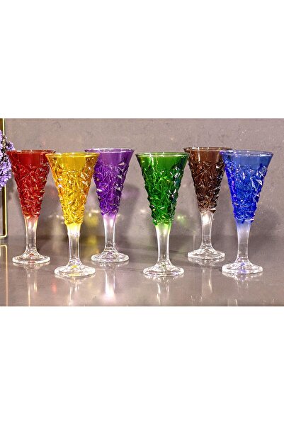 sudeka 6 Parça Renkli Cam Meşrubat Bardak-Kadeh Bardak 250cc