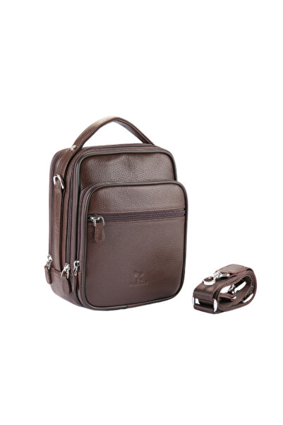 Karalı Deri Hakiki Deri El Çantası Kahverengi 883-02