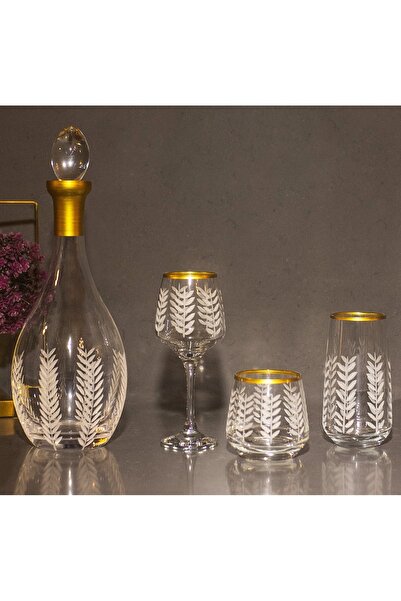 sudeka 37 Parça 12 Kişilik Başak Kristal Kesme Gold Cam Su Bardak Takımı,meşrubat Bardağı Seti