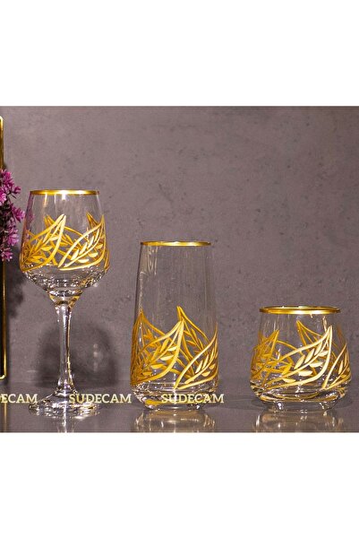 sudeka 18 Parça 6 Kişilik Yaprak Kristal Kesme Gold Cam Su Bardak Takımı,Meşr...