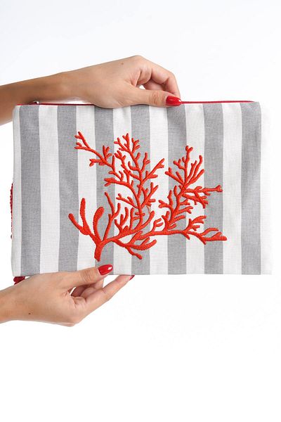 Mubiano Pochetă de in coral cu dungi gri/albe - Portofoliu Geantă pentru femei MSLY0108-GRB