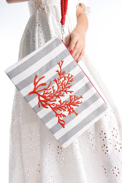 Mubiano Pochetă de in coral cu dungi gri/albe - Portofoliu Geantă pentru femei MSLY0108-GRB