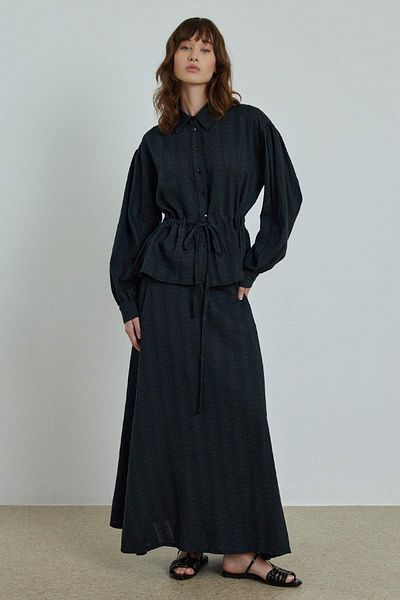 Hooopstore Black Cotton Floral Textured Skirt Suit