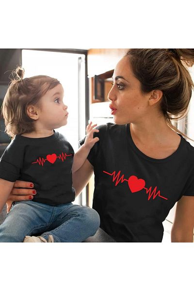 Pink Sky Family Clothing - Heart Printed Cute Mother and Daughter T-shirt