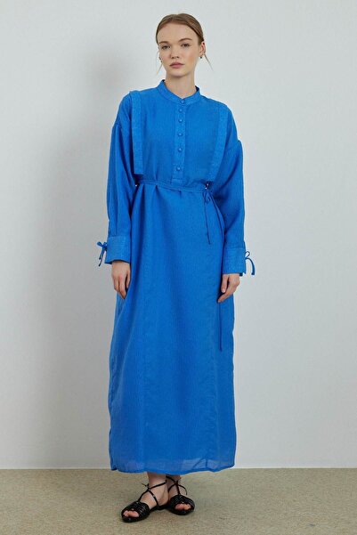 Hooopstore Saks Blue Textured Dress -aller Sleeve Detailed
