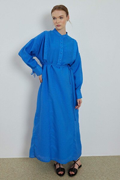 Hooopstore Saks Blue Textured Dress -aller Sleeve Detailed