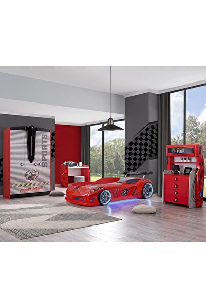 Setay Çocuk Odası - Jaguar Rüzgarlıklı Arabalı Yatak - Sport 3 Kapılı Dolap, Masa, Şifonyer - Kırmızı