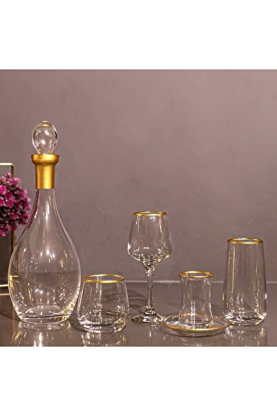 sudeka 31 Parça 6 Kişilik Gold Cam Su Bardak Takımı, Meşrubat Bardağı Seti