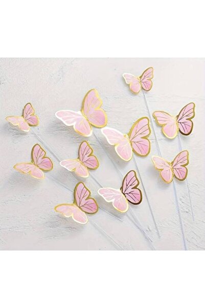 kidspartim Pink Butterfly Pattern - Decorative Paper Stick Cake Top Set of 11