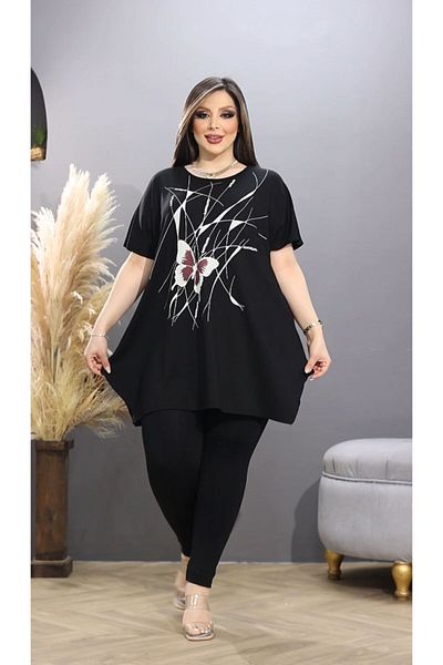 HÜLYA BUTİK Plus Size Women's Blouse - Butterfly Print and Slit