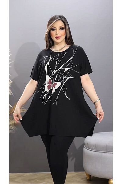 HÜLYA BUTİK Plus Size Women's Blouse - Butterfly Print and Slit