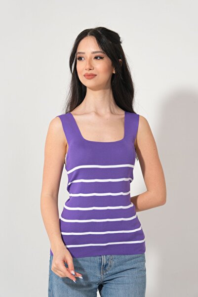 HayalGecesi Tricot de vară bluză cu dungi cu gât pătrat pentru femei