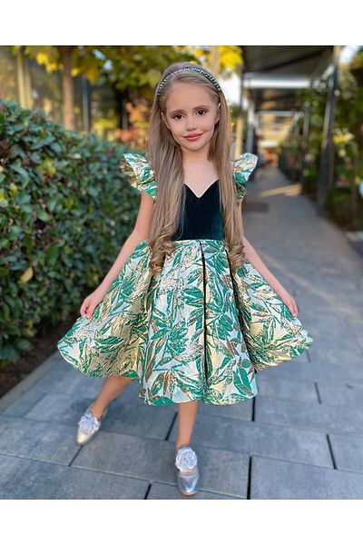 Sare Çocuk Giyim Green Velvet - Stone Embroidered Jacquard Girl's Dress and Buckle Set