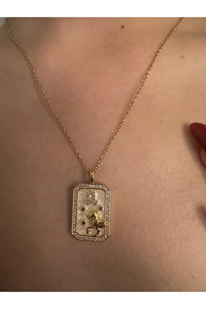 alsaccessories Kadın Çelik Gold Renk Zirkon Taşlı Aslan Burcu, Burç Kolyesi