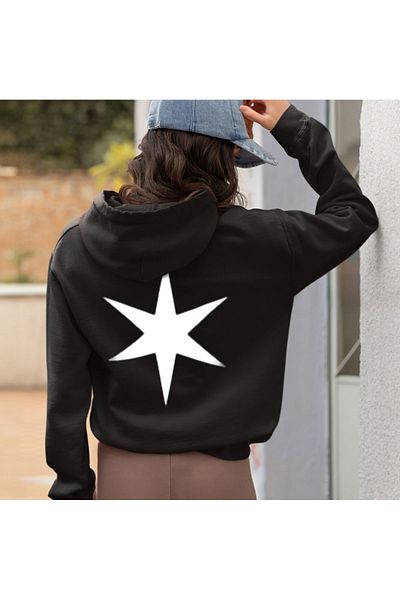 swOzz Motive Romantic Front and Back Printed Sleeve Detailed Cotton Oversize Unisex Black Sweatshirt