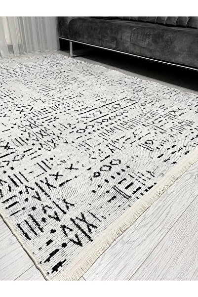 PeriDekor Iskandinav Desen Yıkanabilir Şönil Halı Yolluk Kayma Yapmaz Beyaz Siyah