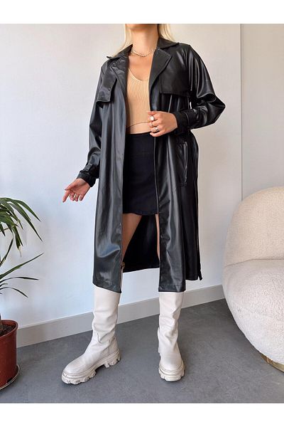 Esbersi Water Repellent Double Breasted Leather Trench Coat - Belted