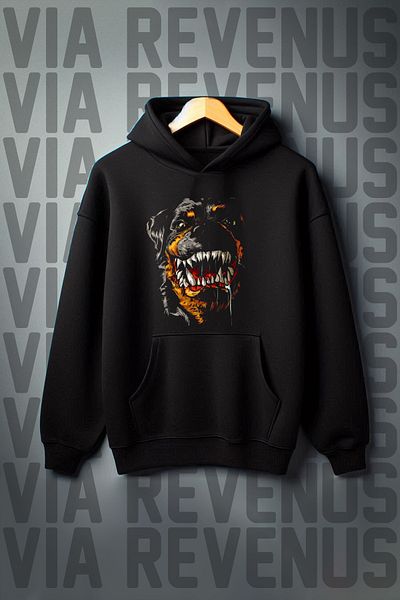 Vordevia Rottweiler Printed Black Hooded Sweatshirt - 3 Thread, Wide Fit