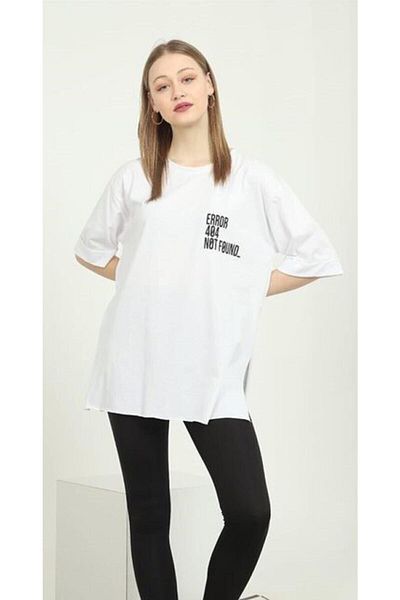 WoolnClyde Tricou de damă, alb, scris și imprimat, din bumbac, cu mânecă scurtă, cu decolteu rotund