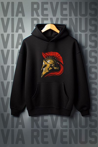 Vordevia Black Helmet Printed Oversize Hooded Sweatshirt - Kangaroo Pocket, 3 Thread Raster
