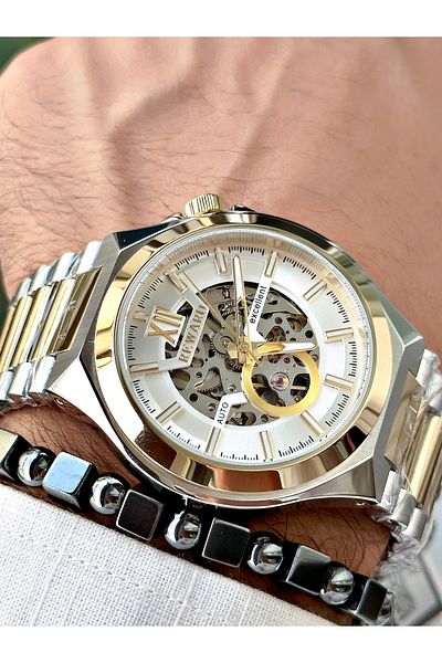 Reward Men's Silver Color Luxury Mechanism Steel Cord Wrist Watch and Gift Bracelet