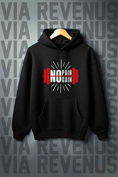 Vordevia Hanorac negru cu glugă, cu imprimeu „No Pain No Gain Gym”, cu buzuna...
