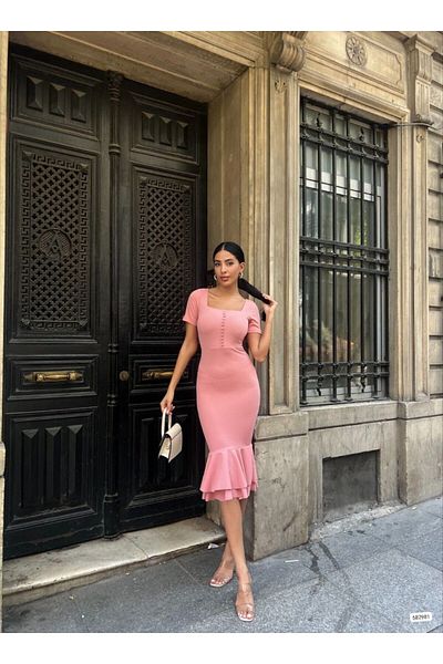 WoolnClyde Pink Midi Evening Dress - Square Collar, Short Sleeve, Button Detail and Double Flywheel