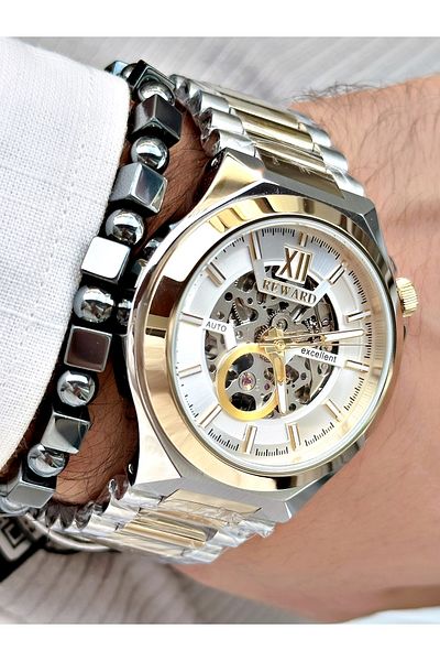 Reward Men's Silver Color Luxury Mechanism Steel Cord Wrist Watch and Gift Bracelet