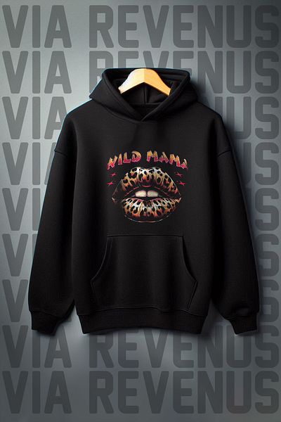Vordevia Wild Mama Printed - Black Kangaroo Pocket Hooded Wide Sweatshirt