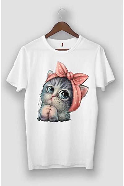 Pink Sky Μπλουζάκι Little Cat Printed White Boyfriend Oversize - Cute Cotton, Crew Neck